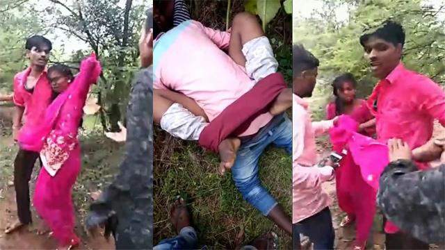 Village Lovers hiding in jungle caught by village people & fucks